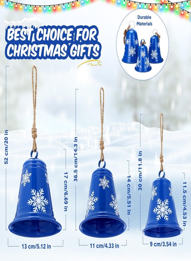 Novabright 3 Pack Christmas Snowflake Cow Bells Large Blue Metal Bells Christmas Decorations Xmas Tree Hanging Decorative Ornament for Holiday Indoor Outdoor Garland Door Fireplace Winter Wind Chime - Image 2